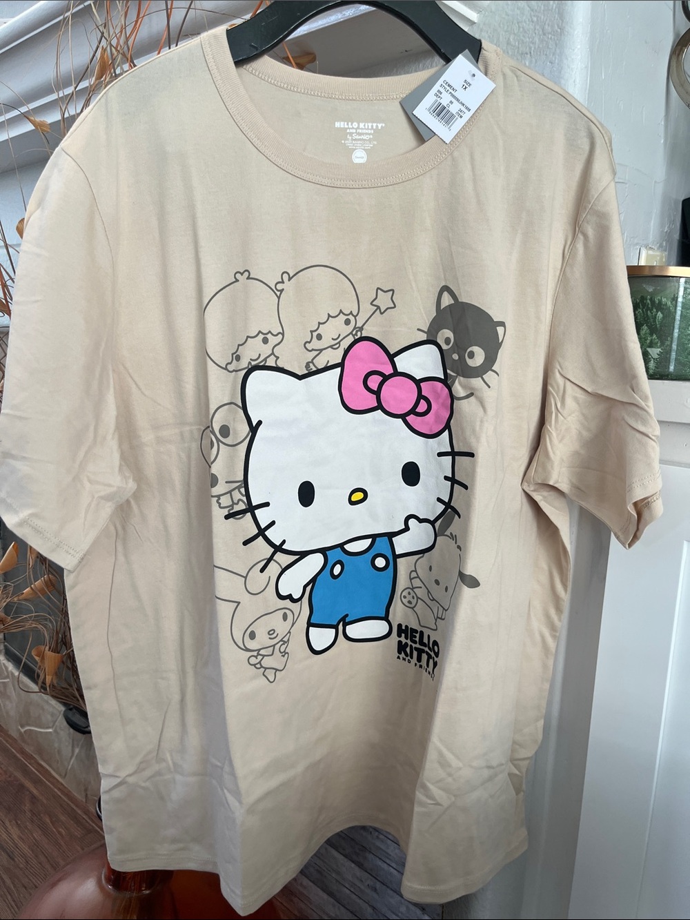 Sanrio Hello Kitty Beige Tee with Pink Bow and Blue Outfit